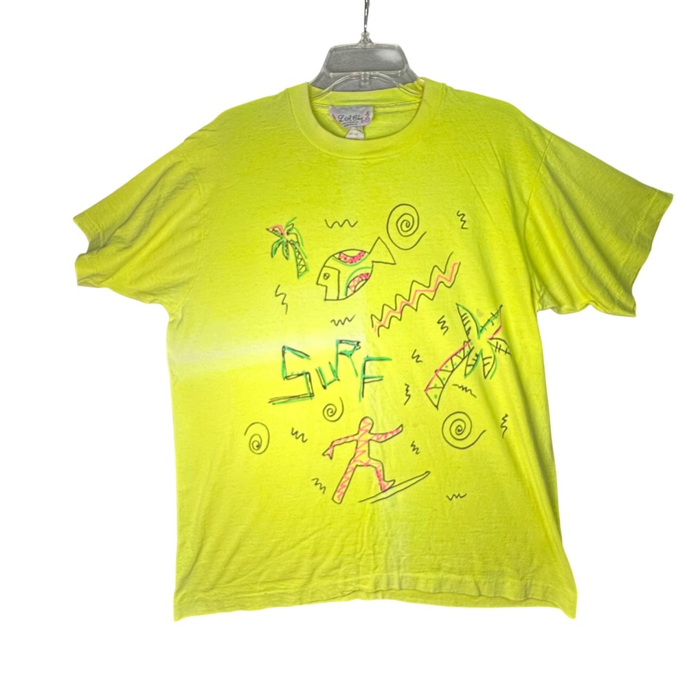 L.A. Chic Vintage Surf Graphic‎ T-Shirt Neon Yellow 80s 90s OSFA Single Stitch
